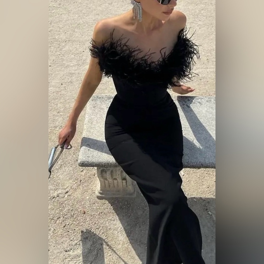 Tiffany Elegant Strapless Feather Formal Gown Cocktail Bandage Long Dress - Picture 4 of 14